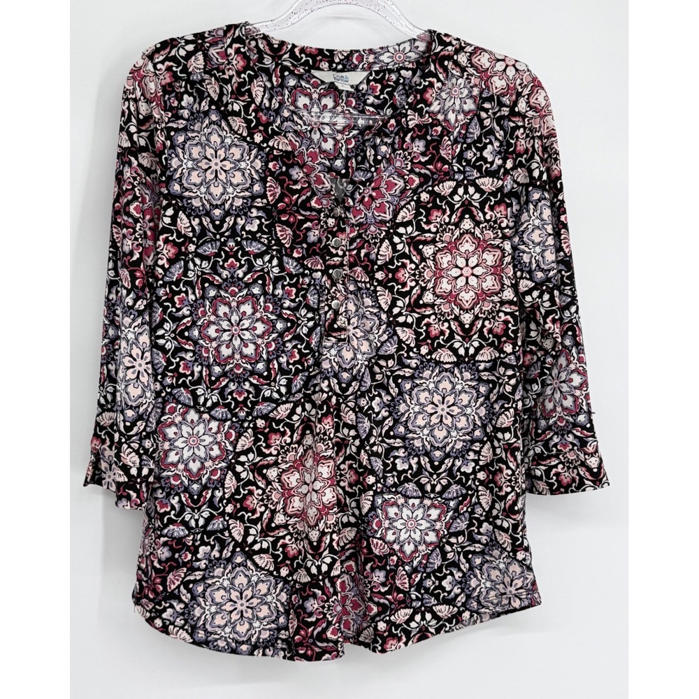 Croft & Barrow Womens Pink Purple Mandala Floral 3/4 Sleeve‎ Split Neck Top Sz S